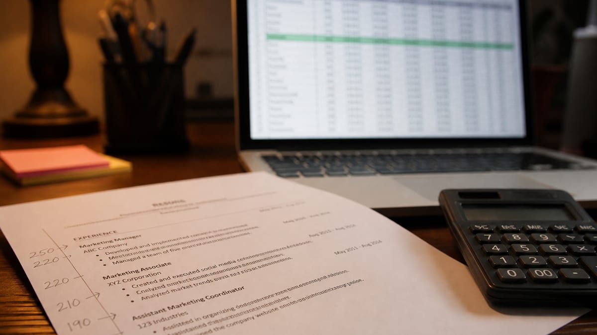 Resume with handwritten numbers beside a calculator and laptop spreadsheet