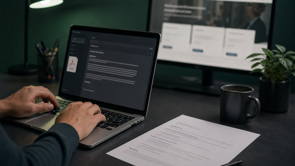 Hands typing a job application email on a laptop with a printed resume and careers portal monitor