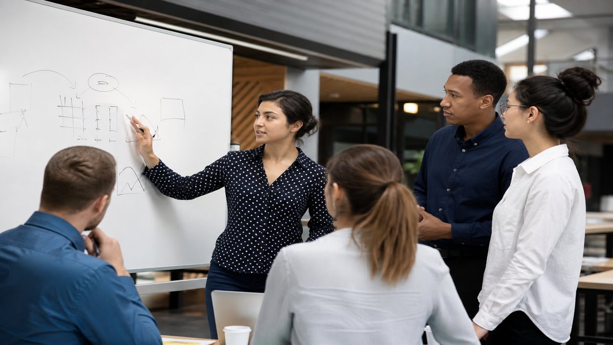Team member leading whiteboard discussion with colleagues in US corporate office