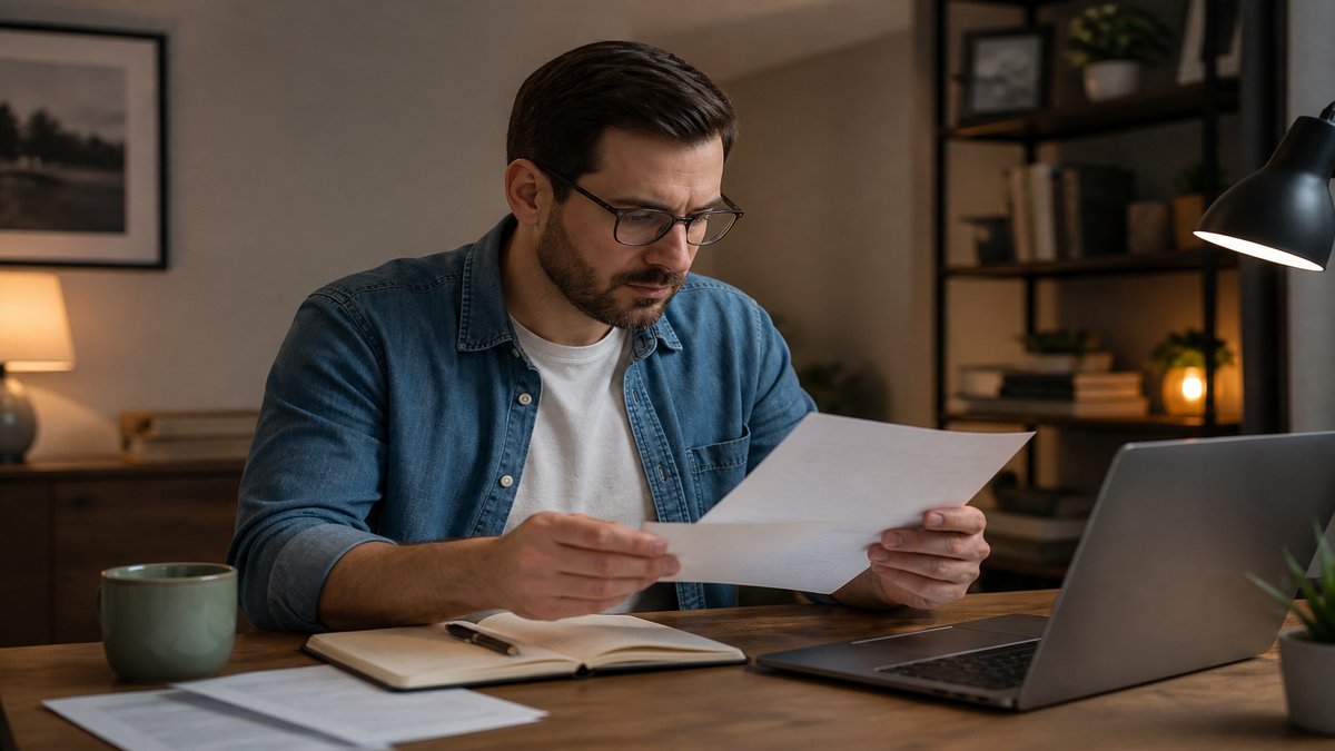 Job seeker comparing two offer letters with benefits summaries on a desk next to a laptop