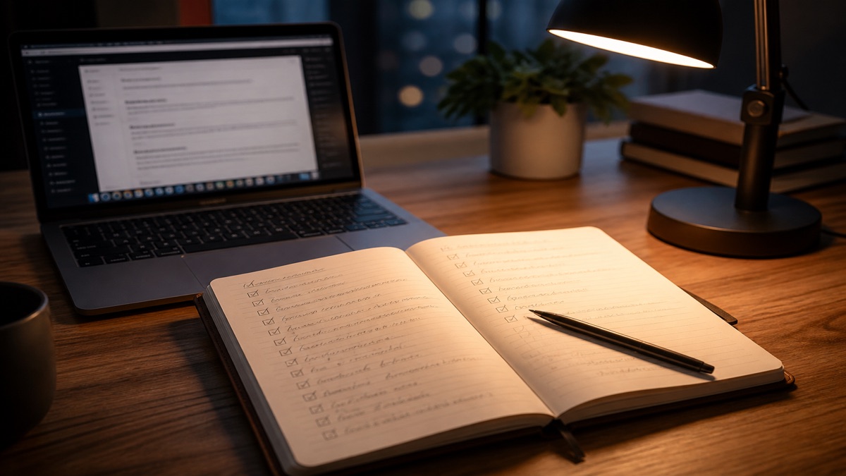 Notebook tracking work wins next to a laptop