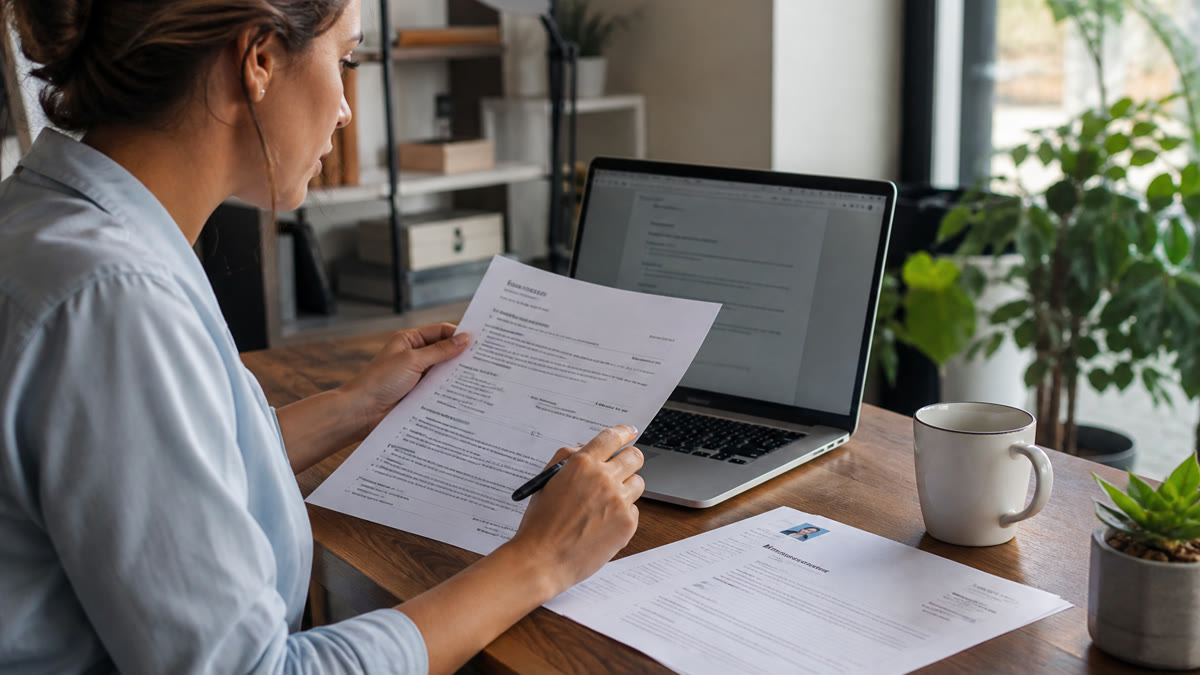 Professional reviewing an updated resume draft on a laptop beside a printed job posting and notebook