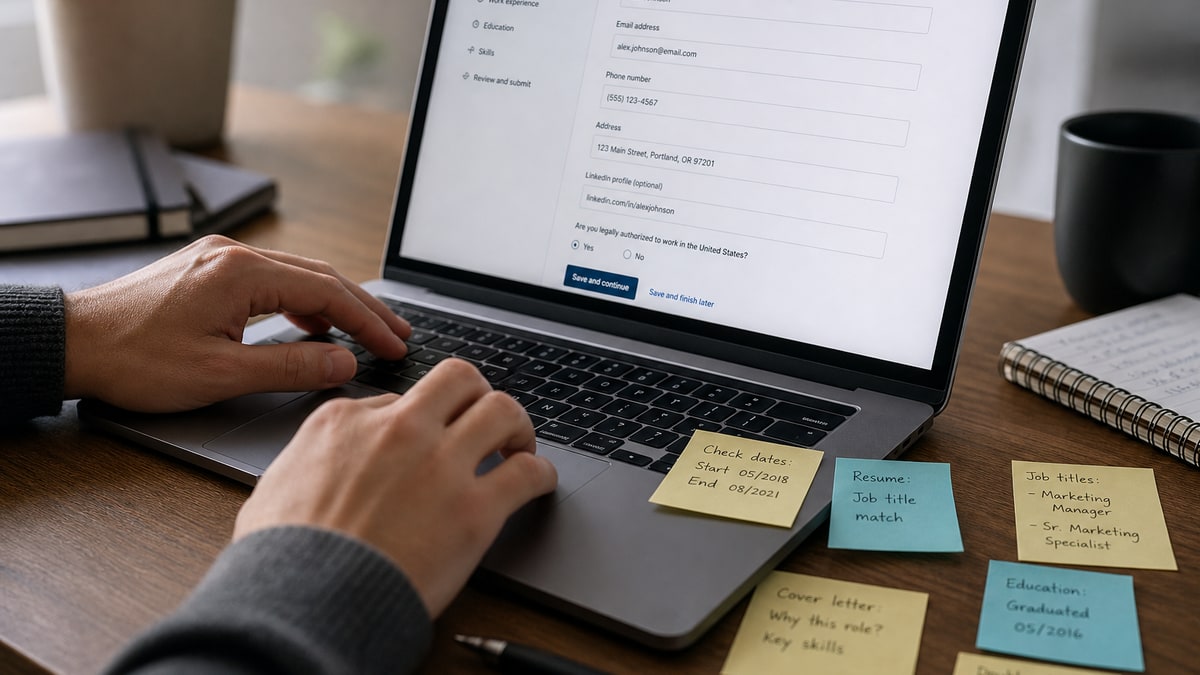 Hands pausing over a laptop trackpad while reviewing an online job application form