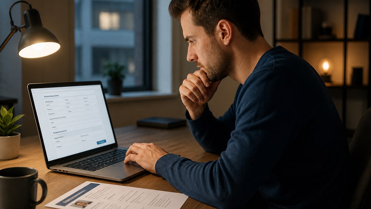 Job seeker reviewing an online application form on a laptop before submitting
