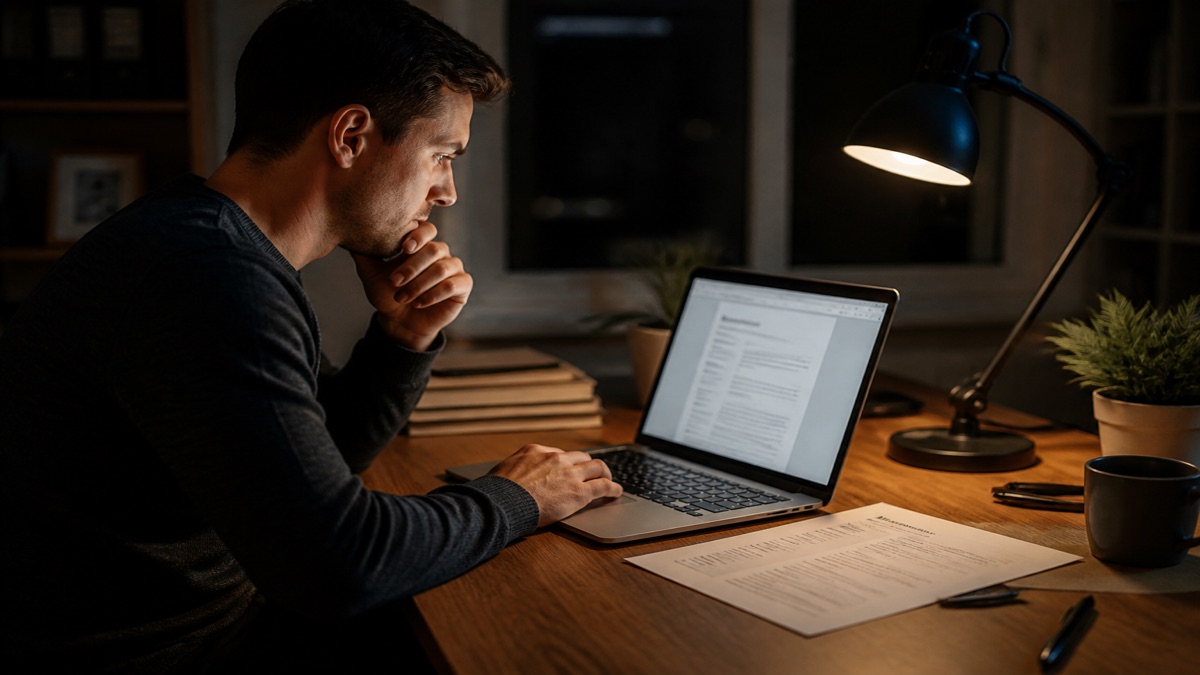 Job seeker editing a resume draft on a laptop at a home desk