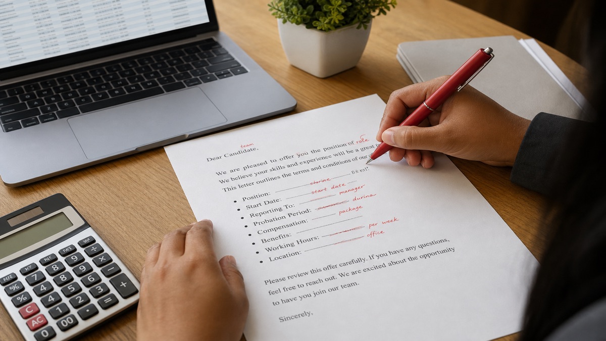 Hands editing a printed offer letter at a table