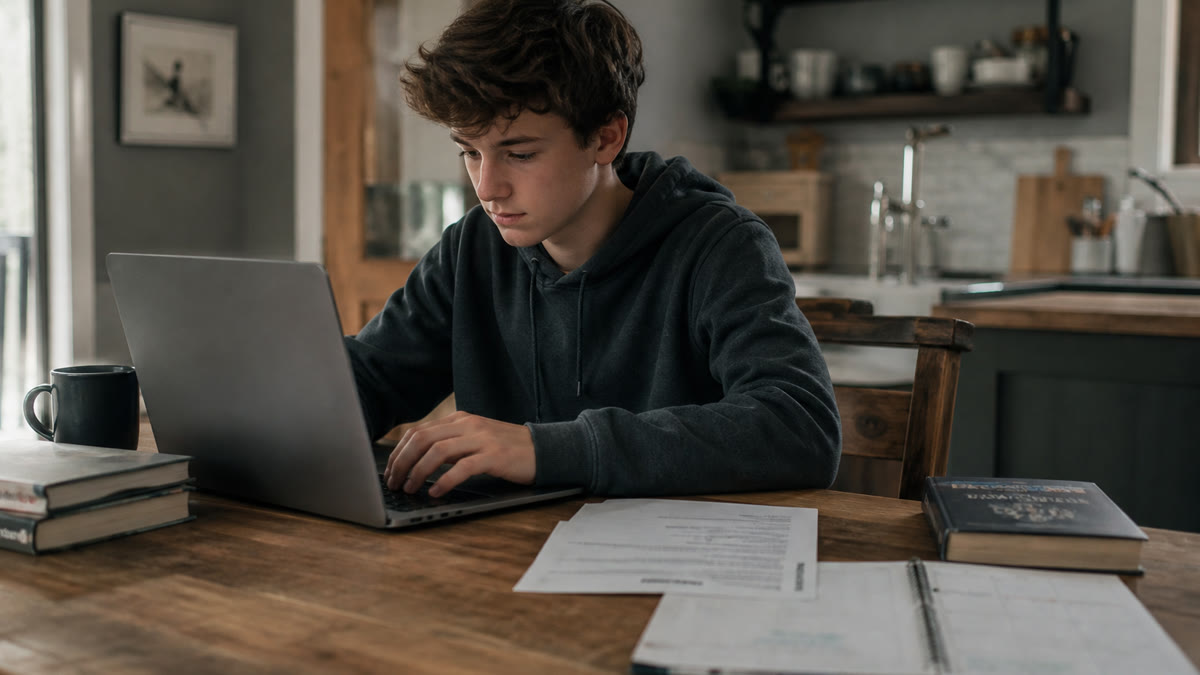 Homeschooled teen drafting a one-page cover letter at a kitchen table with a laptop