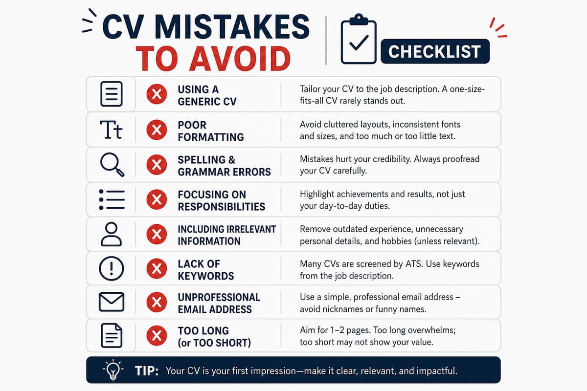 Checklist of common CV mistakes to avoid, including generic content, poor formatting, and vague duty-based bullet points