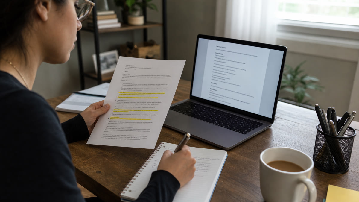 Professional rewriting a resume experience section with achievement bullets beside a printed job posting on a desk