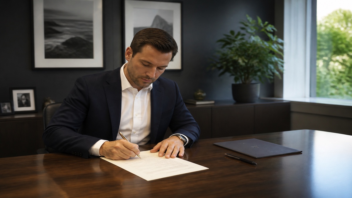 Manager drafting an employment letter at an office desk