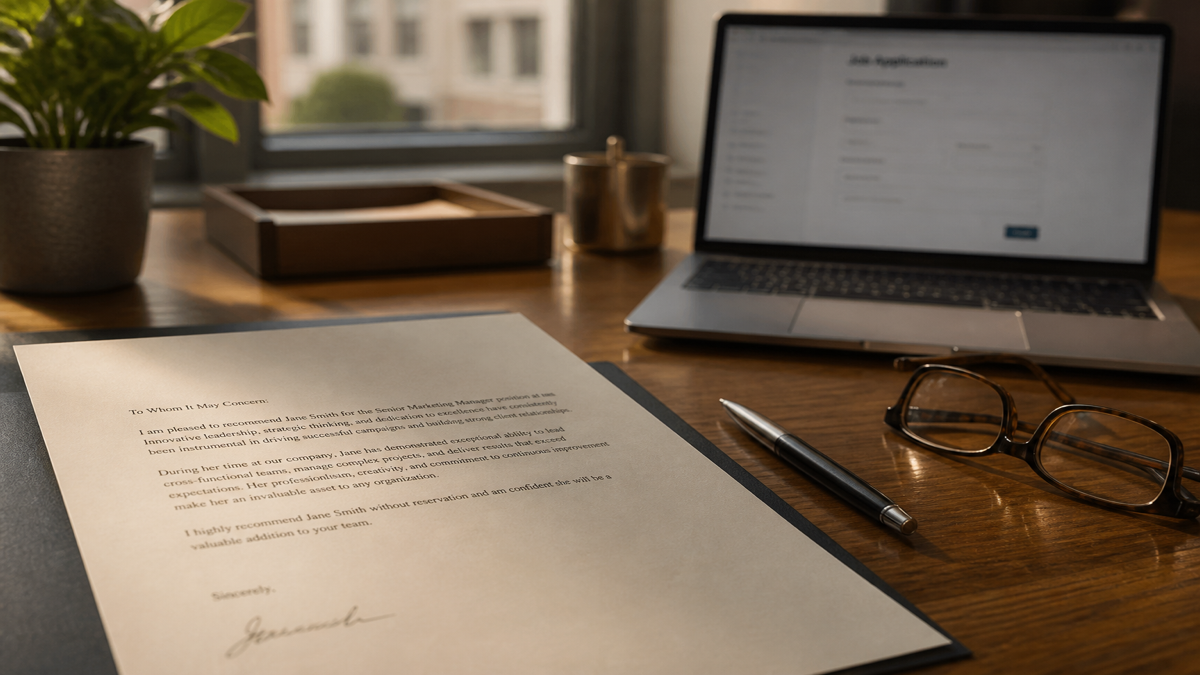 Printed professional reference letter on a desk beside a pen, reading glasses, and a laptop with a blurred job application screen