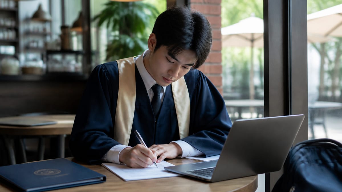 Recent graduate writing a first resume at a cafe table
