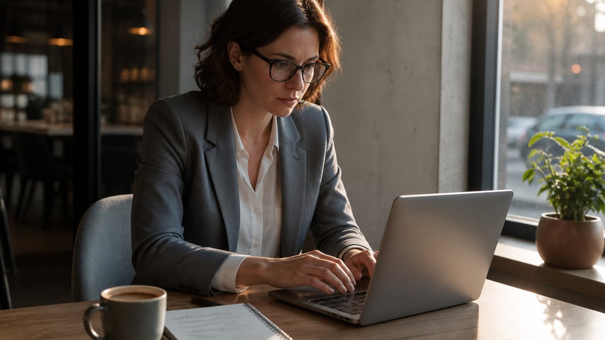 Person typing a follow-up email after an interview, blazer on the chair