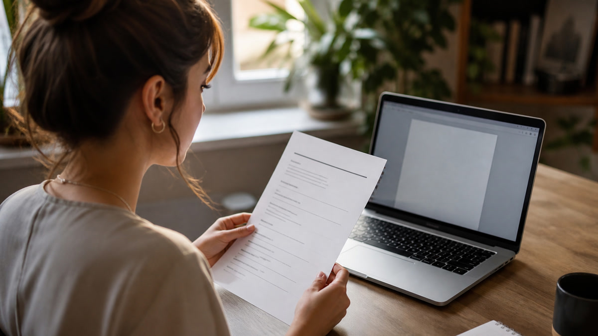 Job seeker formatting an education section on a resume beside a laptop showing Workday application autofill fields