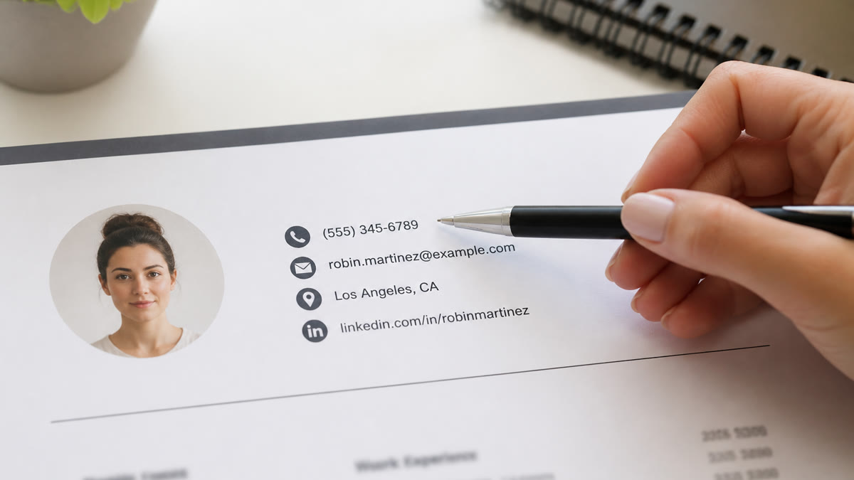 Close-up of a resume header showing a correctly formatted US phone number beside name and email on a laptop screen