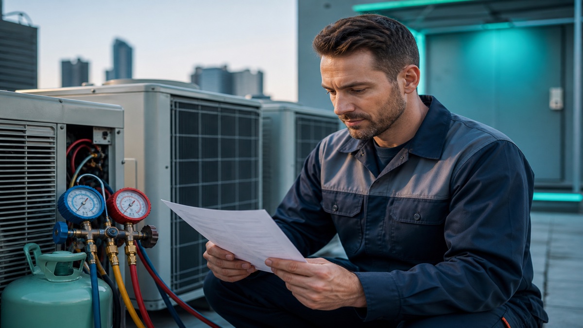 HVAC technician reviewing a resume beside rooftop units refrigerant gauges and multimeter on a commercial mechanical roof