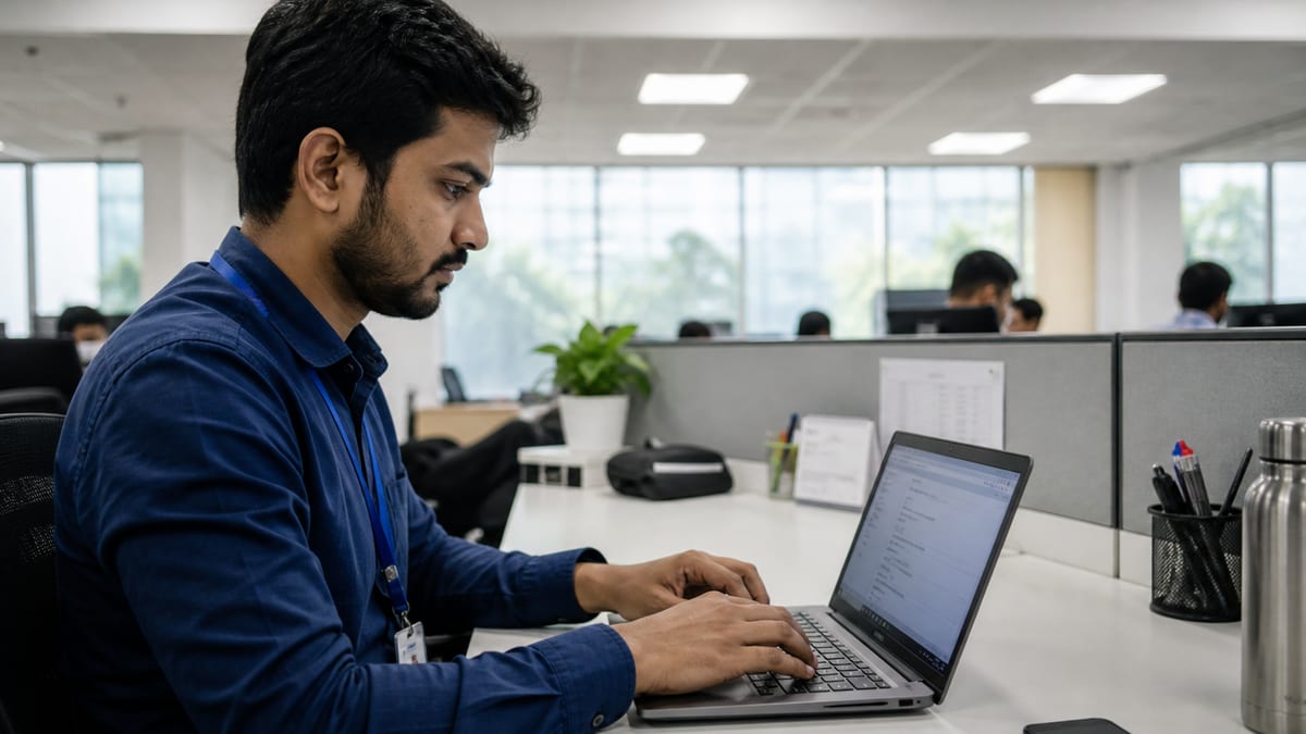 Employee applying on an internal careers portal at an office desk