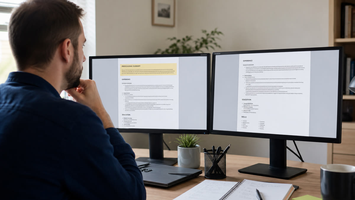 Job seeker deciding whether to add a professional summary section to a resume on a laptop