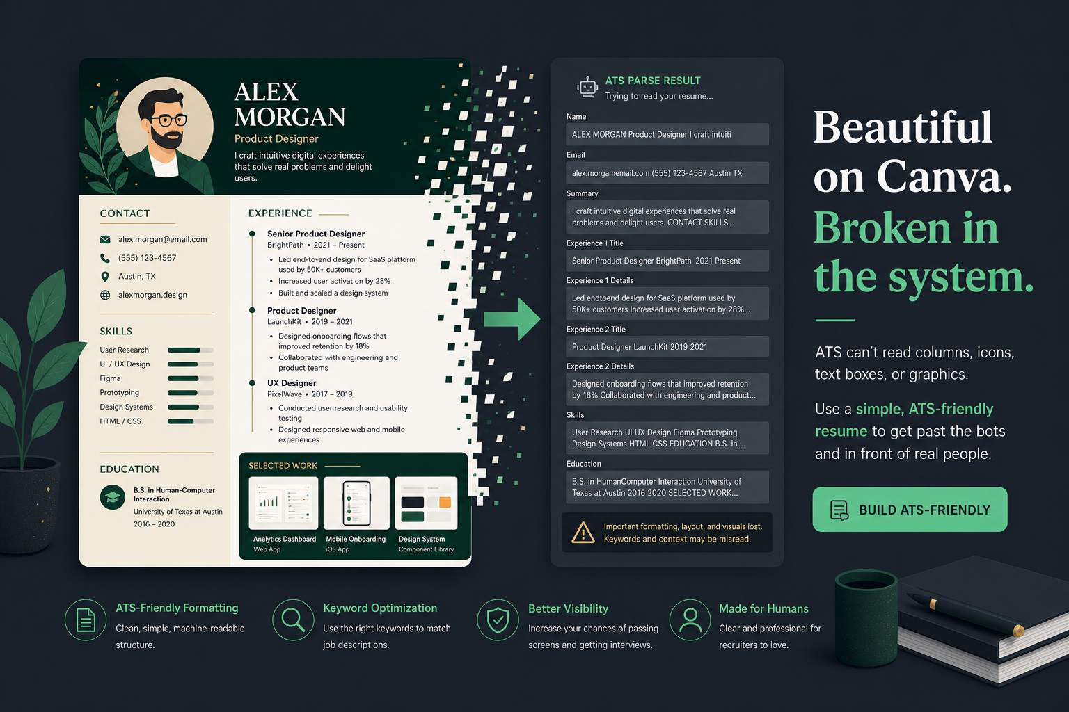 Side-by-side comparison of a two-column Canva resume layout and a single-column ATS-friendly resume on a recruiter desk