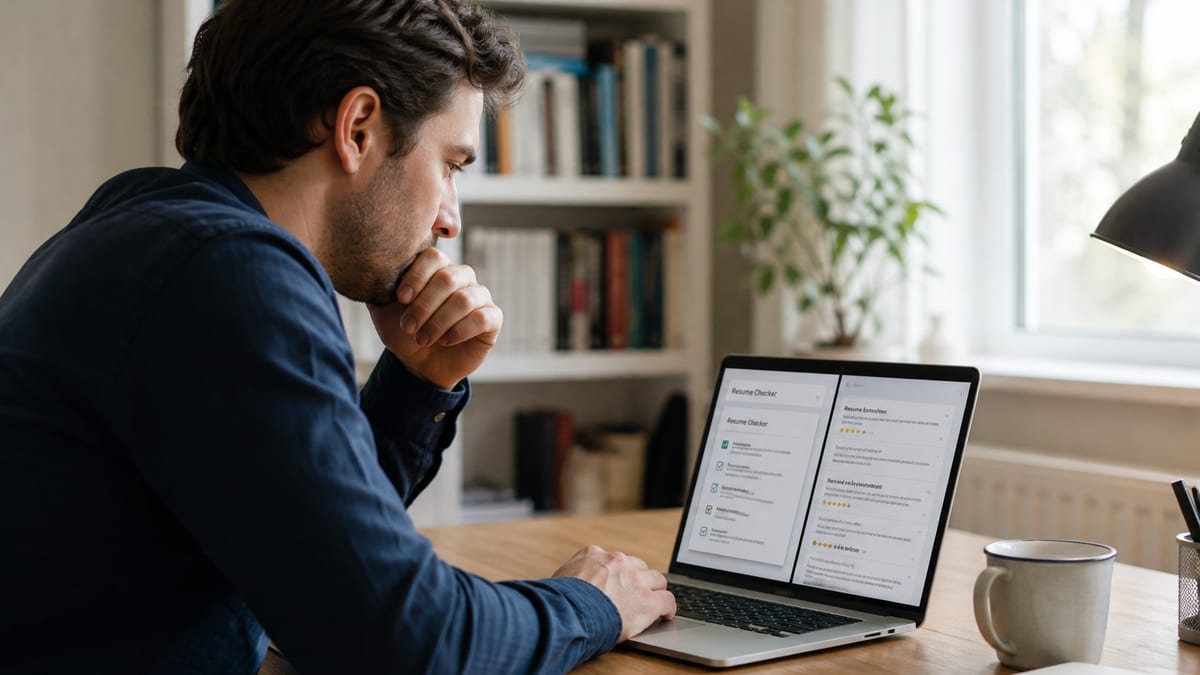 Job seeker reading product reviews while a resume checker is open on a laptop
