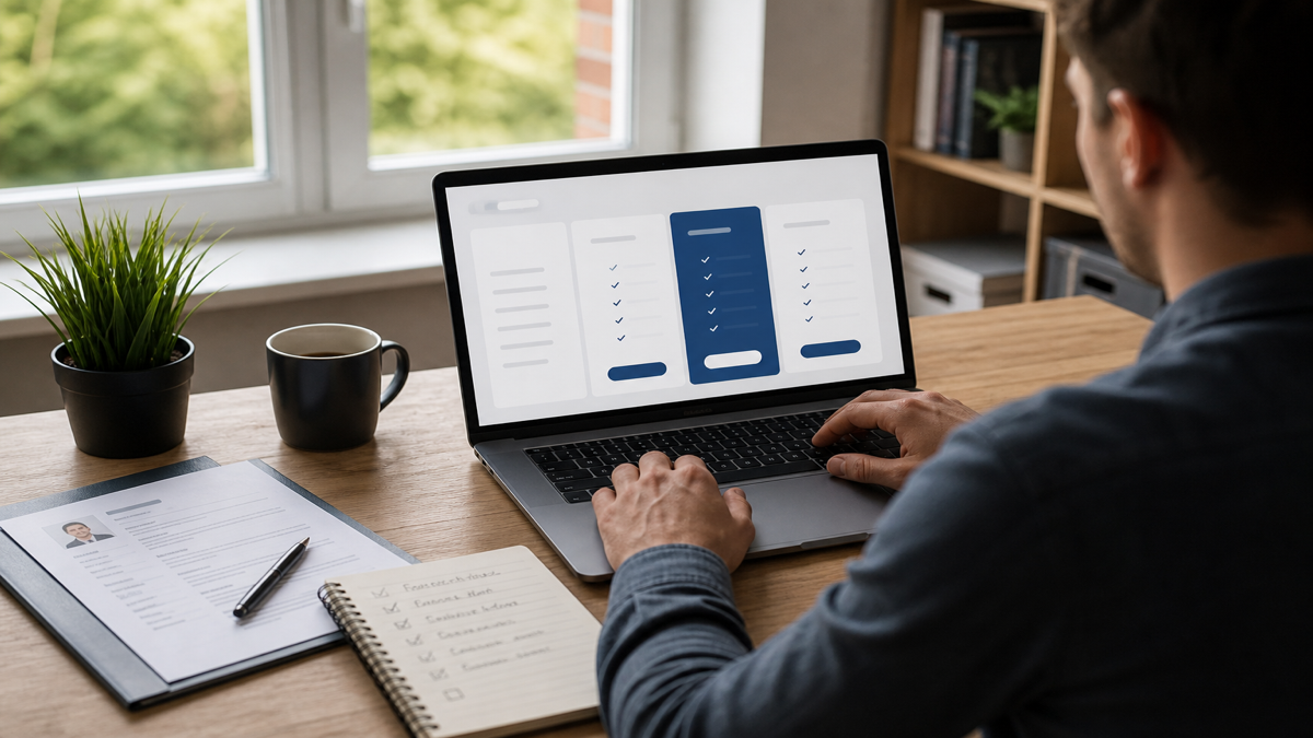 Job seeker comparing freemium resume scanner pricing on a laptop with resume PDF and checklist notebook