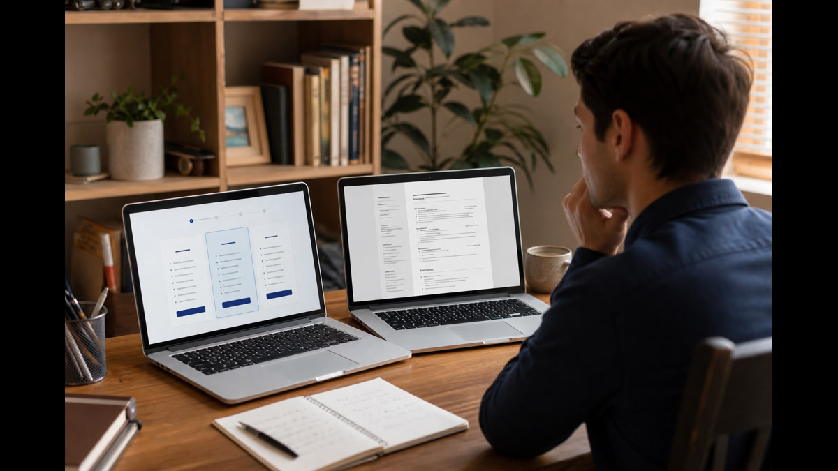 Job seeker comparing MyPerfectResume pricing and watermark preview next to a free ATS resume checker report on a laptop