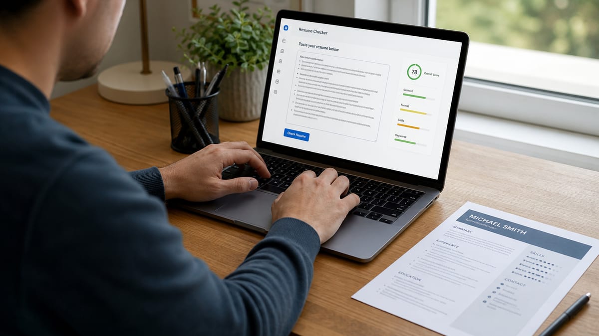 Person checking a resume in a browser beside a printed copy