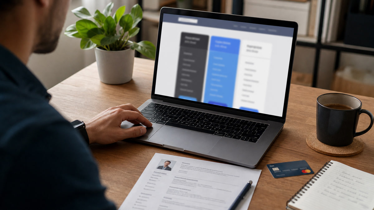 Job seeker comparing ResumeNow pricing on a laptop screen next to a free ATS resume checker report
