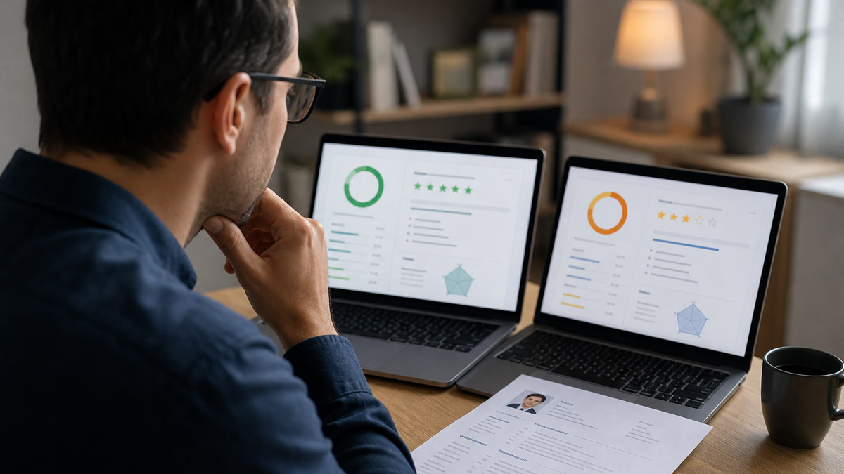 Job seeker comparing Resume Worded ATS score results with a real Workday application preview on two laptop screens beside a printed resume