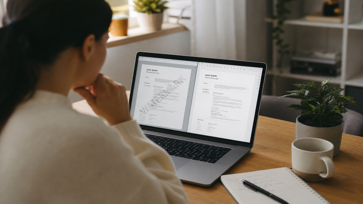 Job seeker at a home desk comparing a watermarked resume PDF preview with a clean professional resume on a laptop screen