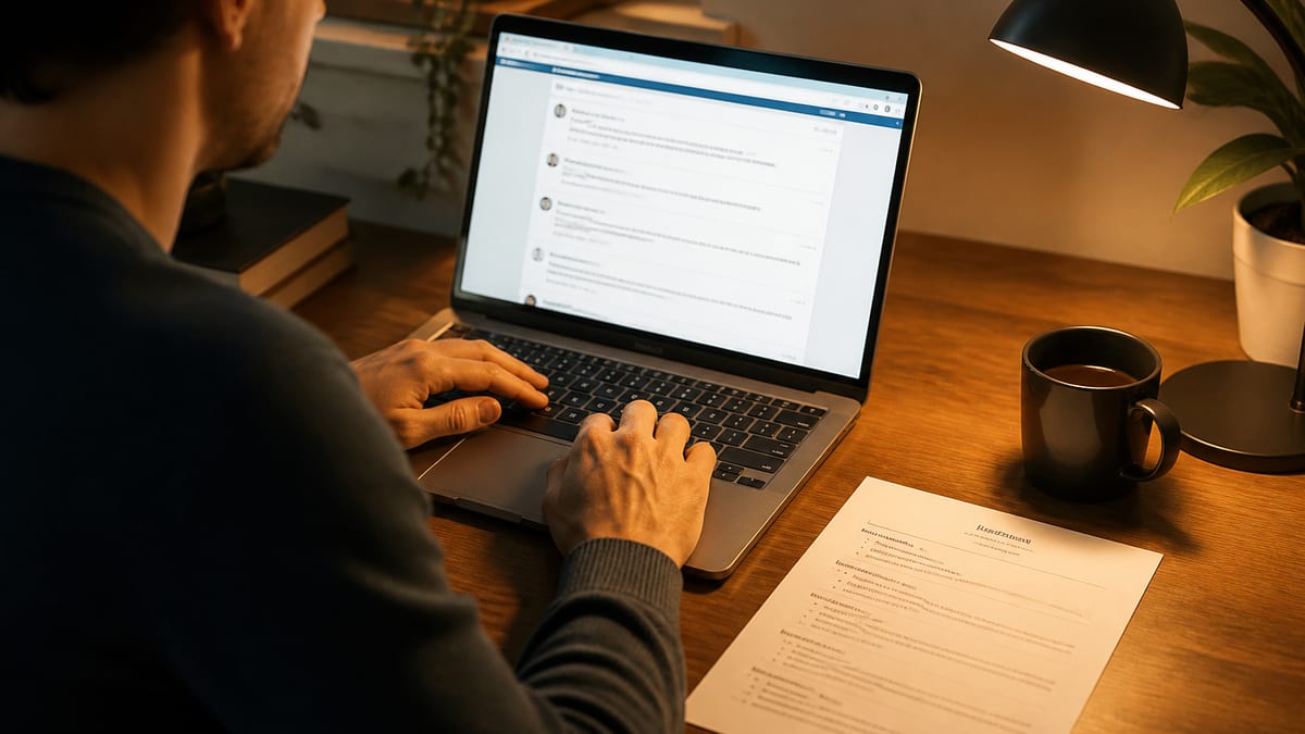Person reading a discussion forum on a laptop beside a printed resume
