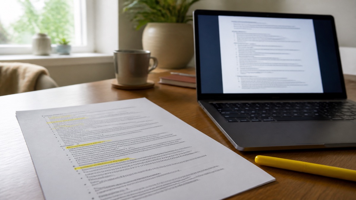 Laptop showing a blurred match percentage gauge beside a job description printout