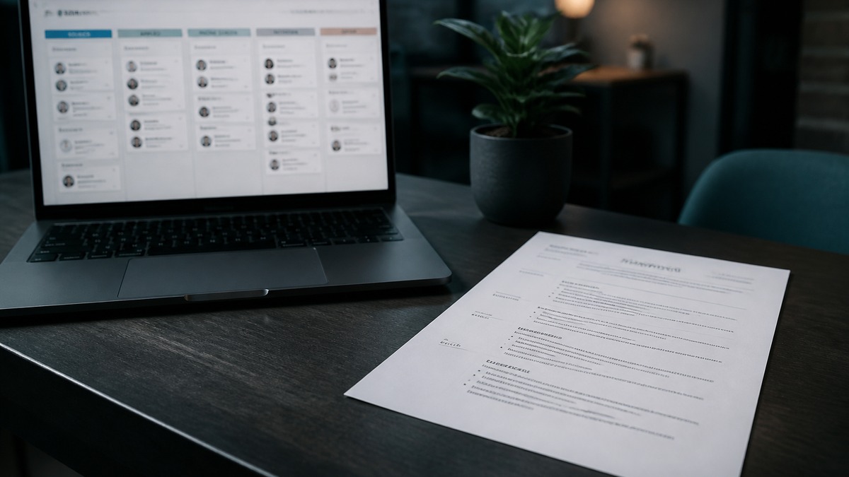 Startup recruiter desk with a Lever-style hiring board on a laptop and a clean single-column resume