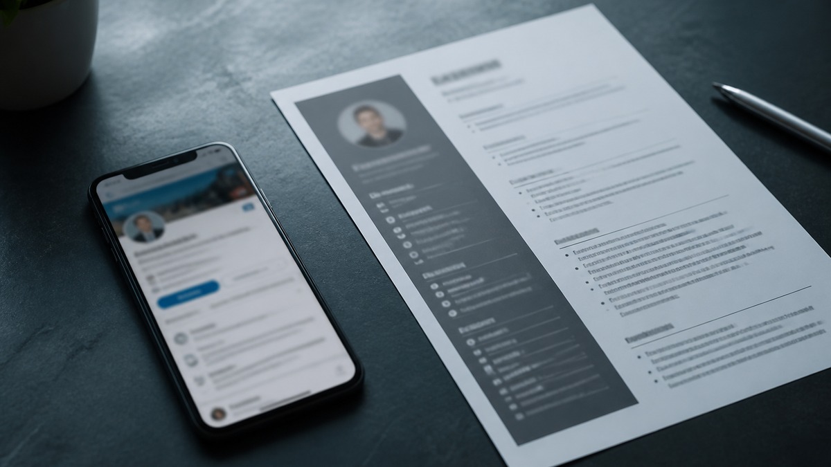 Phone showing a blurred LinkedIn profile next to a printed resume on a dark slate desk