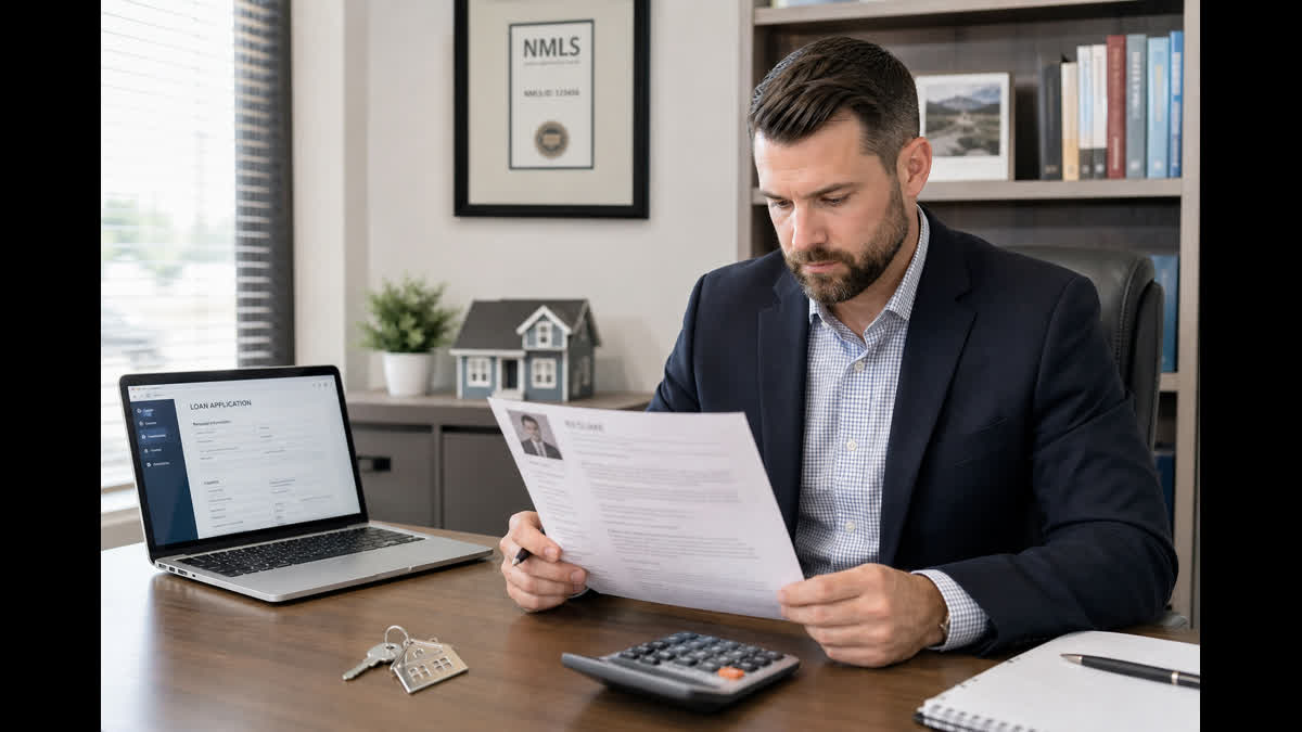 Mortgage loan officer reviewing a resume beside laptop loan documents house keys and calculator in professional office