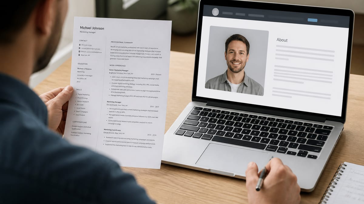 Printed resume next to a laptop showing a professional profile photo