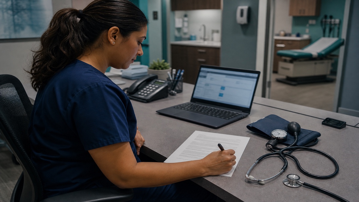 Medical assistant at a clinic desk with a printed resume, BP cuff, and laptop