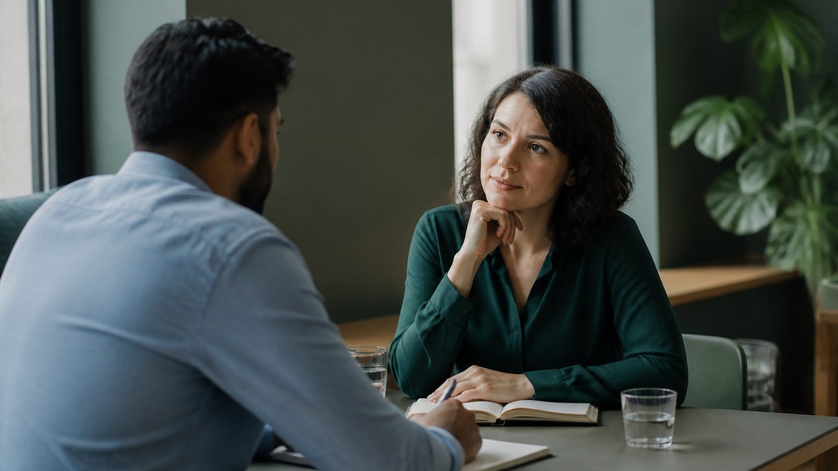 Two colleagues talking quietly at a small table in a calm office break room