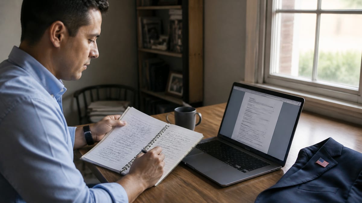 Civilian translating handwritten notes into a resume on a laptop