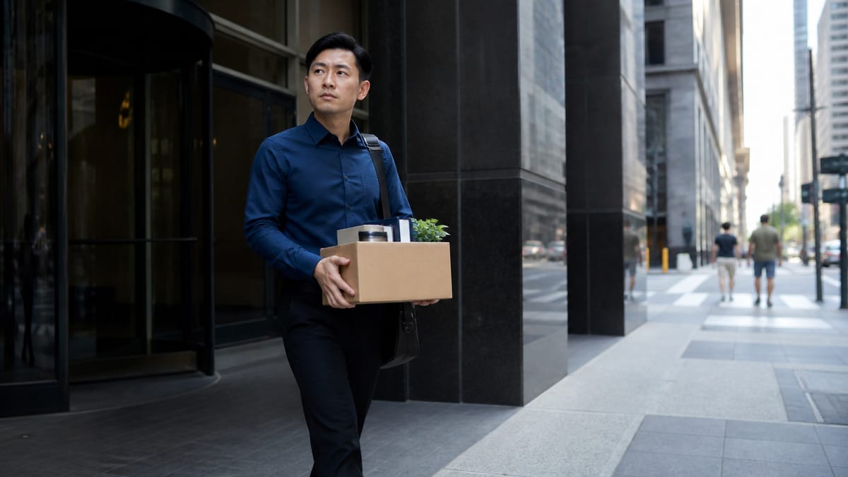 Person carrying a box of desk items between city office buildings