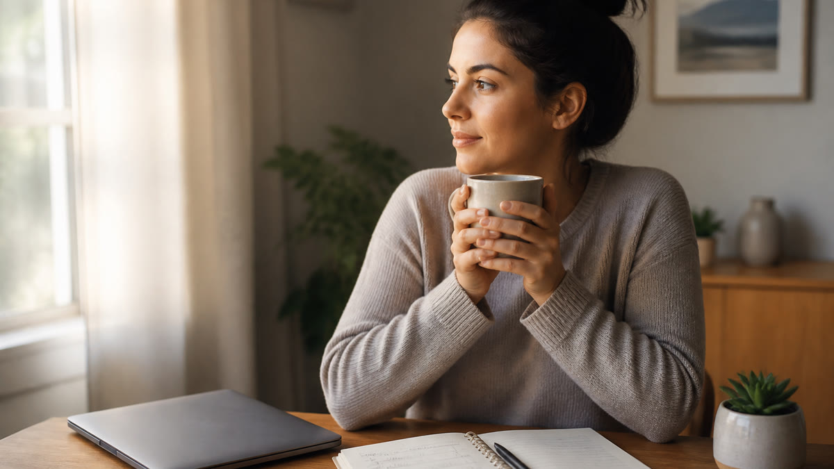 Job seeker taking a mindful break from laptop job search with coffee and a weekly planner on a home desk