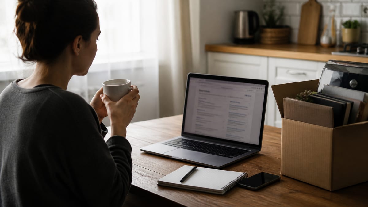 Cardboard box of office items on a kitchen table beside a laptop job search