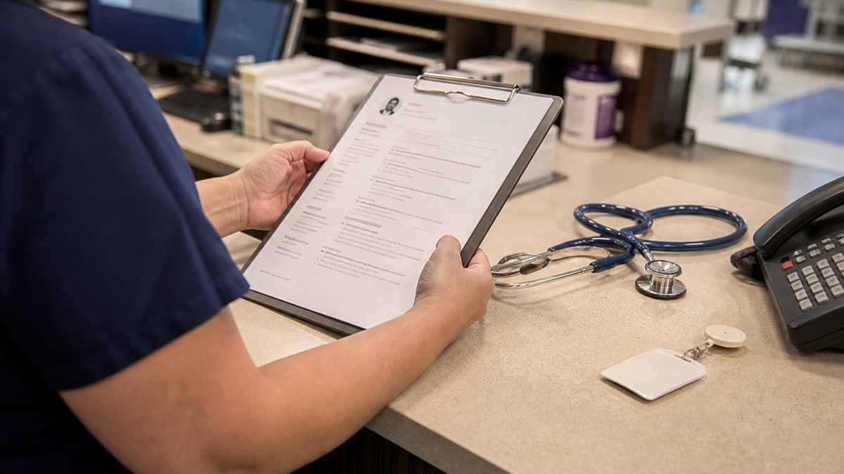 Nurse resume examples on a clipboard beside a stethoscope, showing quantified bullet points for RN, ICU, and ER roles