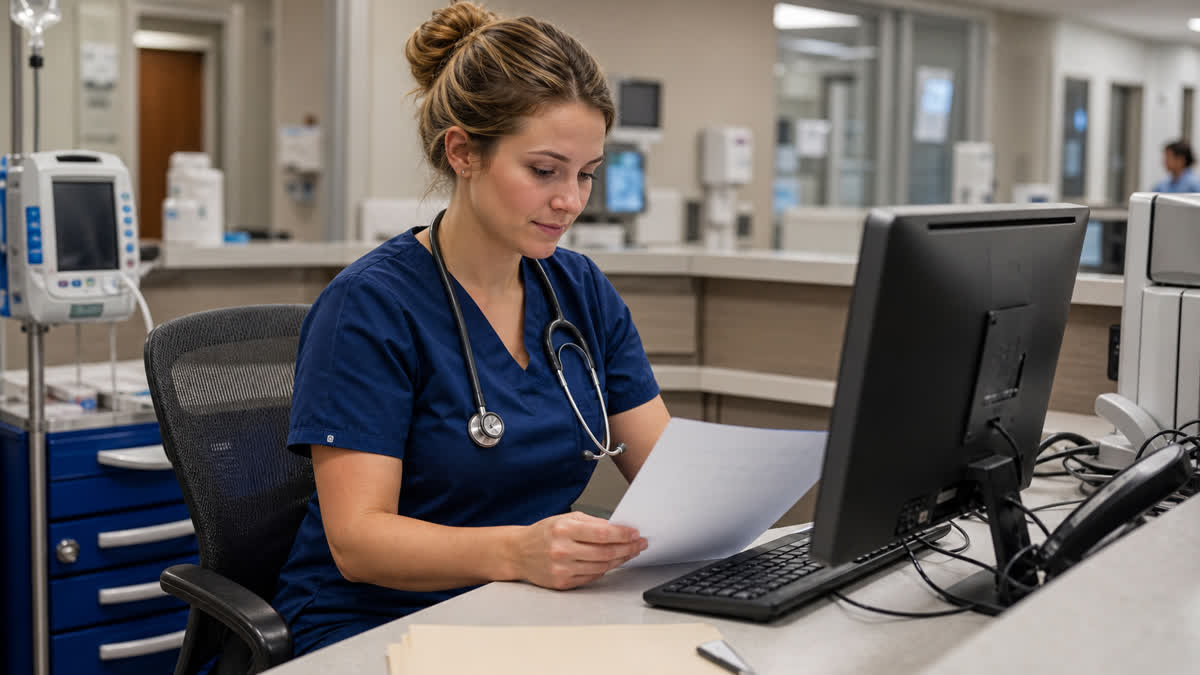 Registered nurse reviewing a resume beside a stethoscope and patient chart in a US hospital nursing station