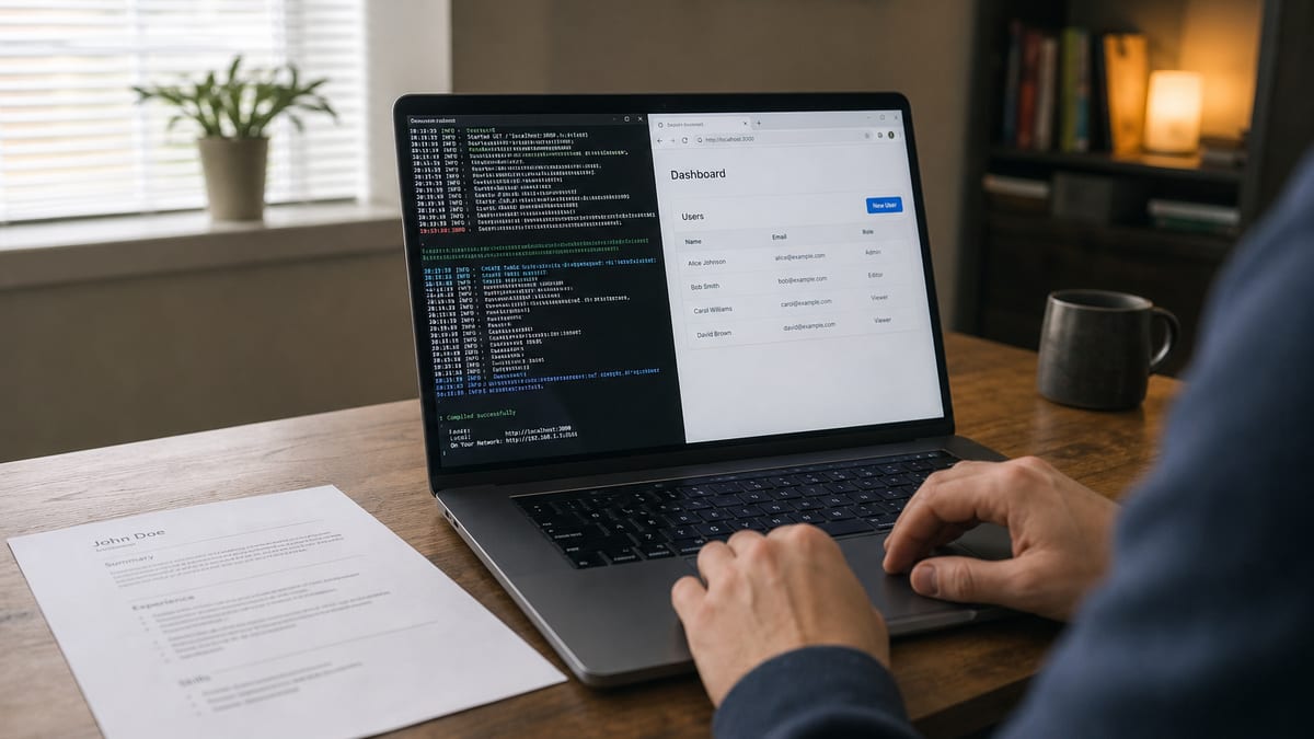 Developer laptop running a local web app beside a printed resume