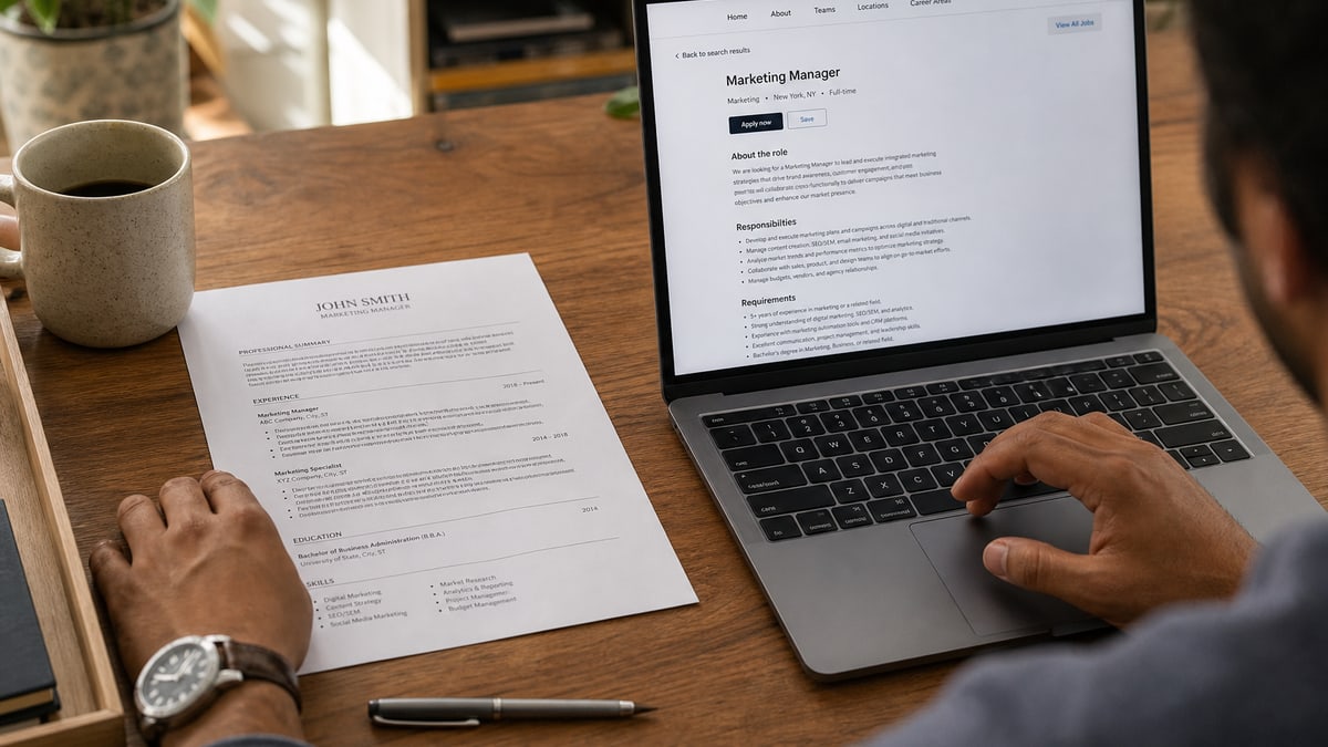 Job seeker comparing a printed single-column resume to a laptop job description on a wooden desk