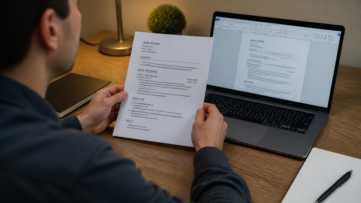 Laptop screen showing a resume document with a green checkmark overlay suggesting a successful ATS compatibility scan on a home office desk