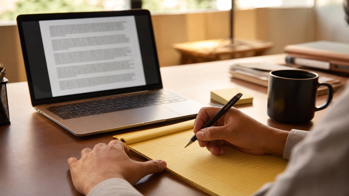Hands writing a performance self-assessment next to a laptop
