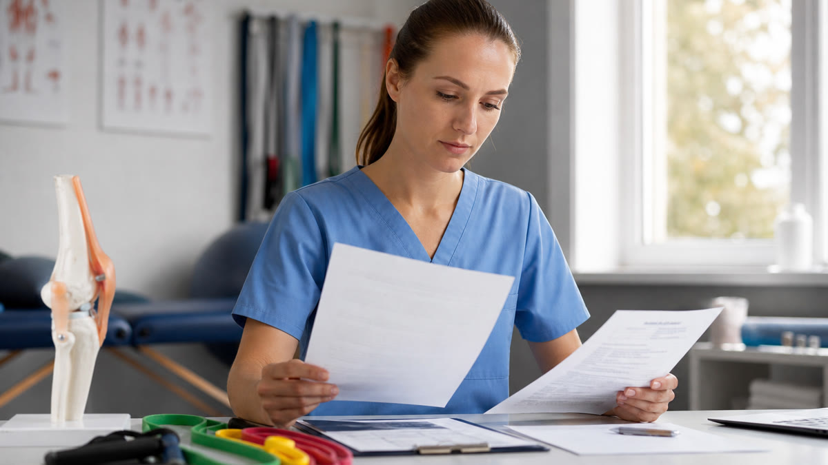 Physical therapist reviewing patient gait notes beside a printed resume at a clinic desk