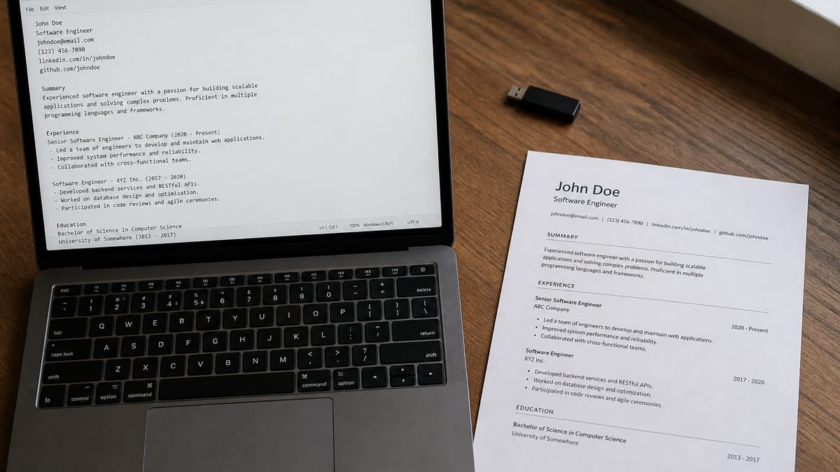 Plain text editor and a printed PDF resume side by side on a desk